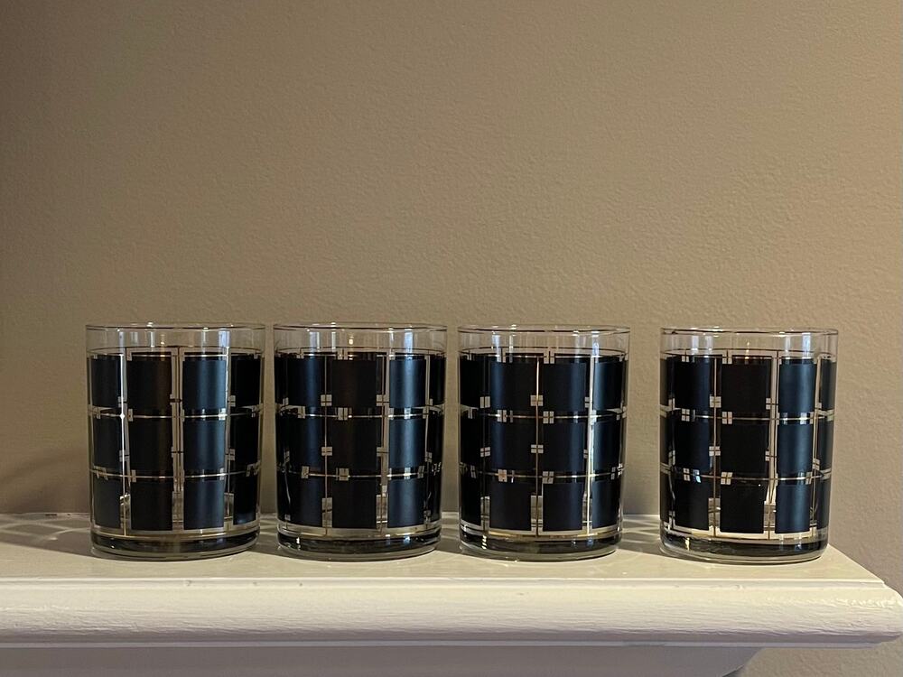 Vintage Mid-Century Modern Black & Gold Old Fashioned Glasses, Set of 4